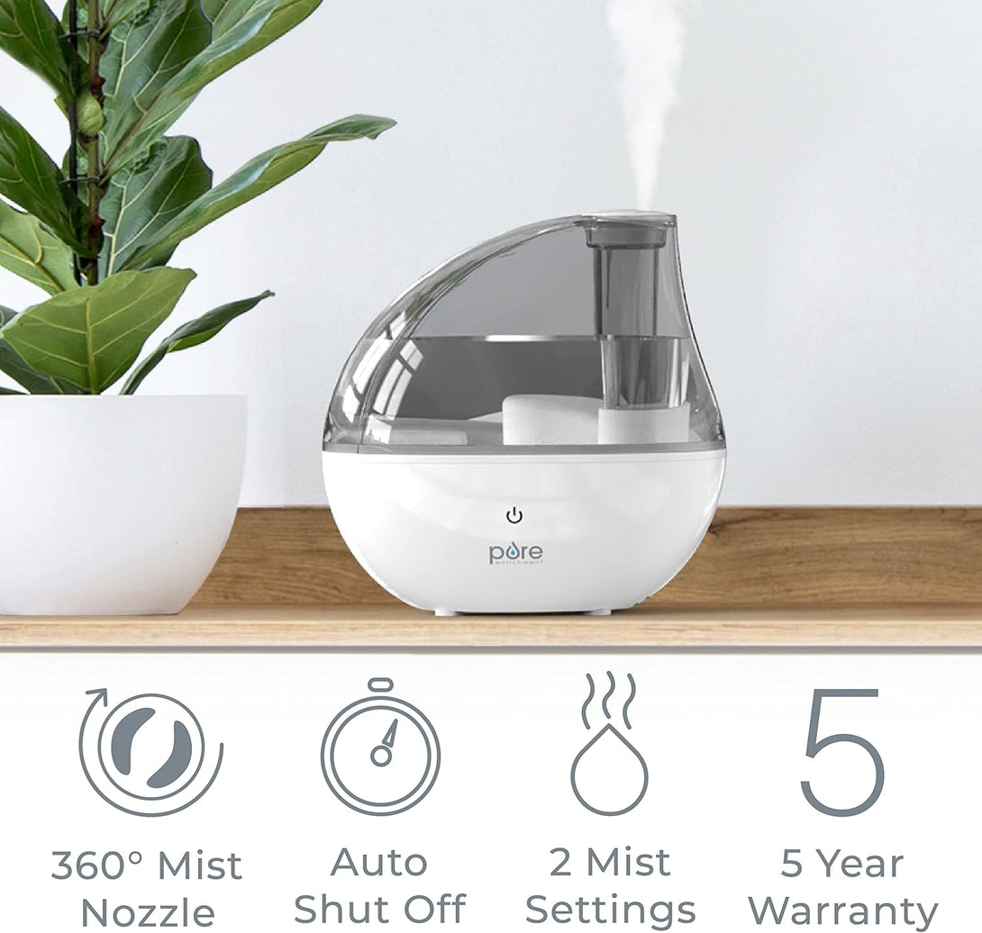 Pure Enrichment Mistaire Silver Ultrasonic Cool Mist Humidifier for Bedroom, Office, Nursery & Indoor Plants - Lasts up to 25 Hours, Whisper-Quiet Operation, Optional Night Light, & Auto Shut-Off