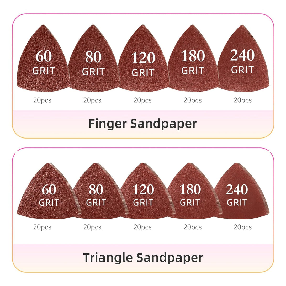 206Pcs Oscillating Tool Detail Sanding Pads Kit, 2Pcs Triangle Sanding Pads, 2Pcs Finger Sanding Pads, 2Pcs C-Clip Adapters, 200Pcs 40Mm 80Mm Multitool Sandingpaper for Wood Plaster Sanding