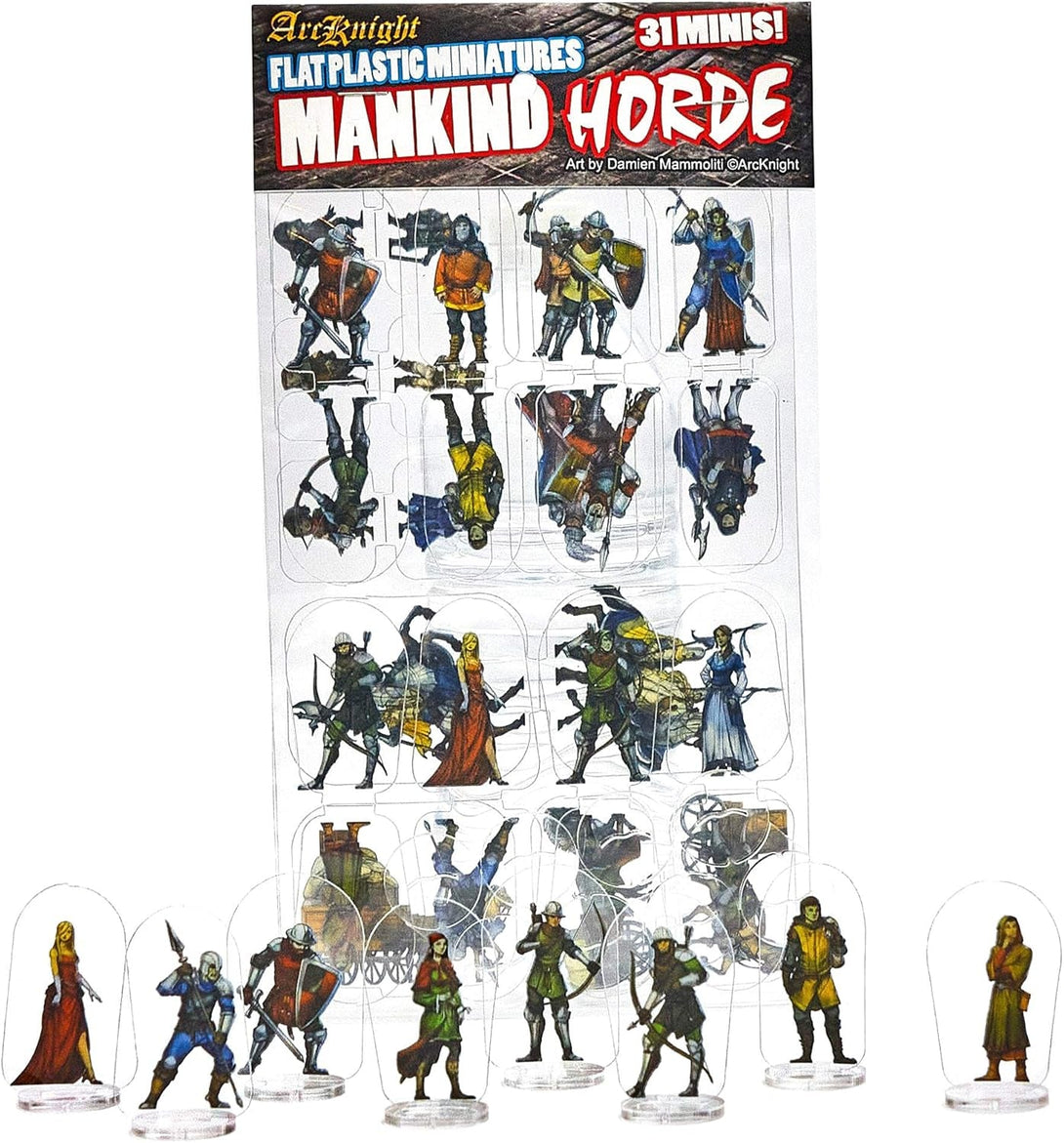 Arcknight Flat Plastic Miniatures: Mankind Horde; 31 Unique Human-Themed Enemy Minis for DND 5E and Pathfinder; Affordable, Skinny Figurines for Dungeons and Dragons and Other Tabletop RPG Games