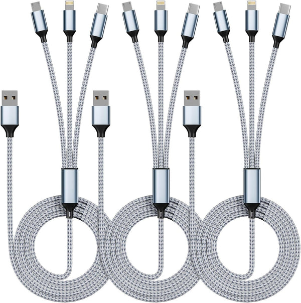 IDISON Multi Charging Cable(3Pack 4FT), 3 in 1 Charging Cable Nylon Braided Multiple USB Cable Universal Charging Cord with Type-C, Micro USB and IP Port for Cell Phones and More