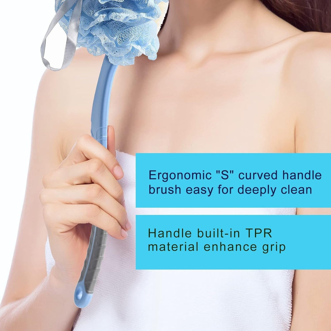 [2Nd Generation] Shower Body Brush with Bristles and Loofah,Back Scrubber Bath Mesh Sponge with Curved 16" Long Non-Slip Handle Skin Exfoliating Massage Suitable for Men and Women (Blue)