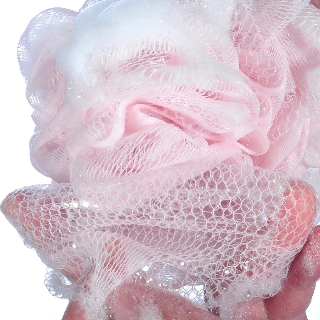 60G/Pcs Pink Mesh Bath Sponge Shower Pouf Loofahs Shower Puff Pack of 4 (Pink)