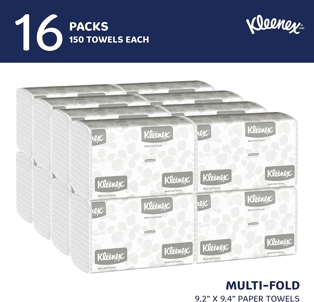 Kleenex® Multifold Paper Towels, Bulk (01890), 1-Ply, 9.2" X 9.4" Sheets, White (150 Sheets/Pack, 16 Packs/Case, 2400 Sheets/Case)