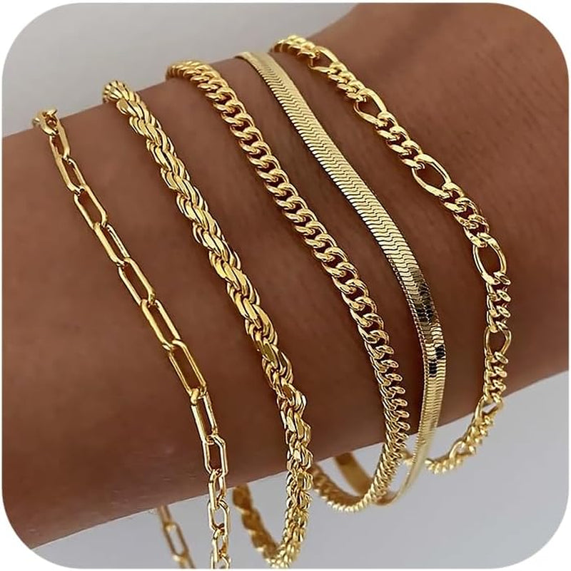 DEARMAY Gold Bracelets for Women Waterproof, 14K Real Gold Jewelry Sets for Women Trendy Thin Dainty Stackable Cuban Link Paperclip Chain Bracelet Pack Fashion Accessories Gifts for Womens