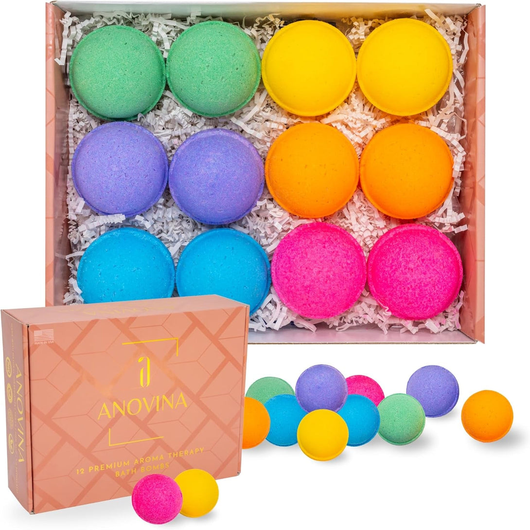 Anovina 12XL Bath Bombs Gift Set USA Made with Natural Essential Oils for Women & Kids – Aromatherapy Holiday Gifts Ideas. Mothers Day Gift Idea. Bath Bombs Gifts for Women Men and Kids