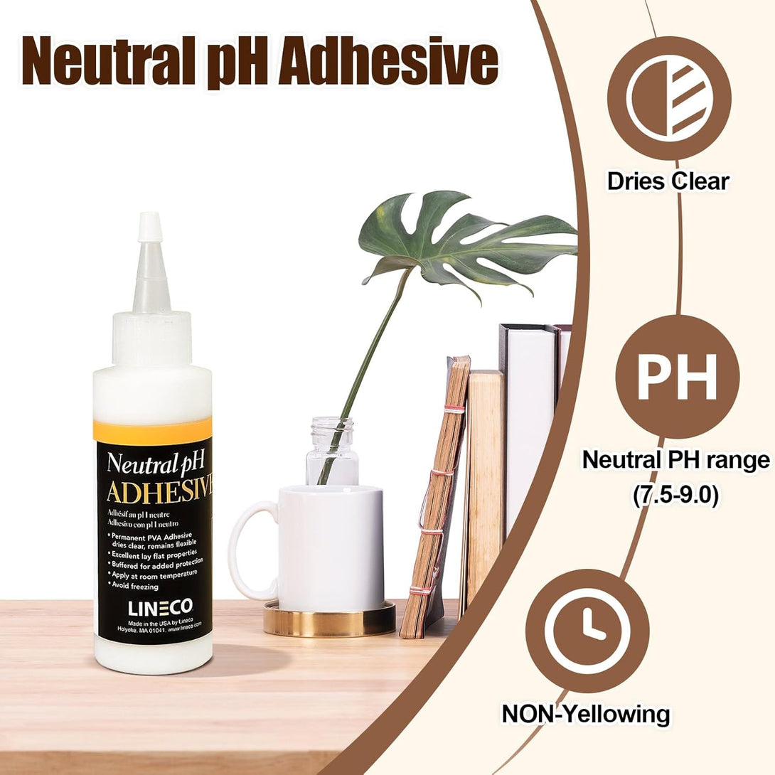 LINECO Neutral Ph Adhesive, 4 Oz, Acid-Free, All-Purpose Glue, Dries Clear and Remains Flexible, Used for Bookbinding and Book Repair, Framing, Collages, Paper Art and Crafts