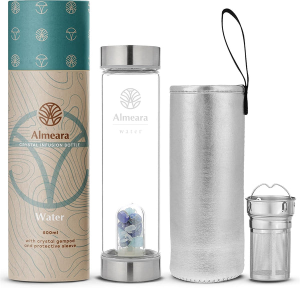 Almeara Crystal Water Bottle with Authentic Lapis Lazuli, Opal Stones & Aquamarine Removable Gemstones, Loose Leaf Tea Infuser - Relaxation, Healing & Spiritual Gifts for Women - Witchcraft Supplies