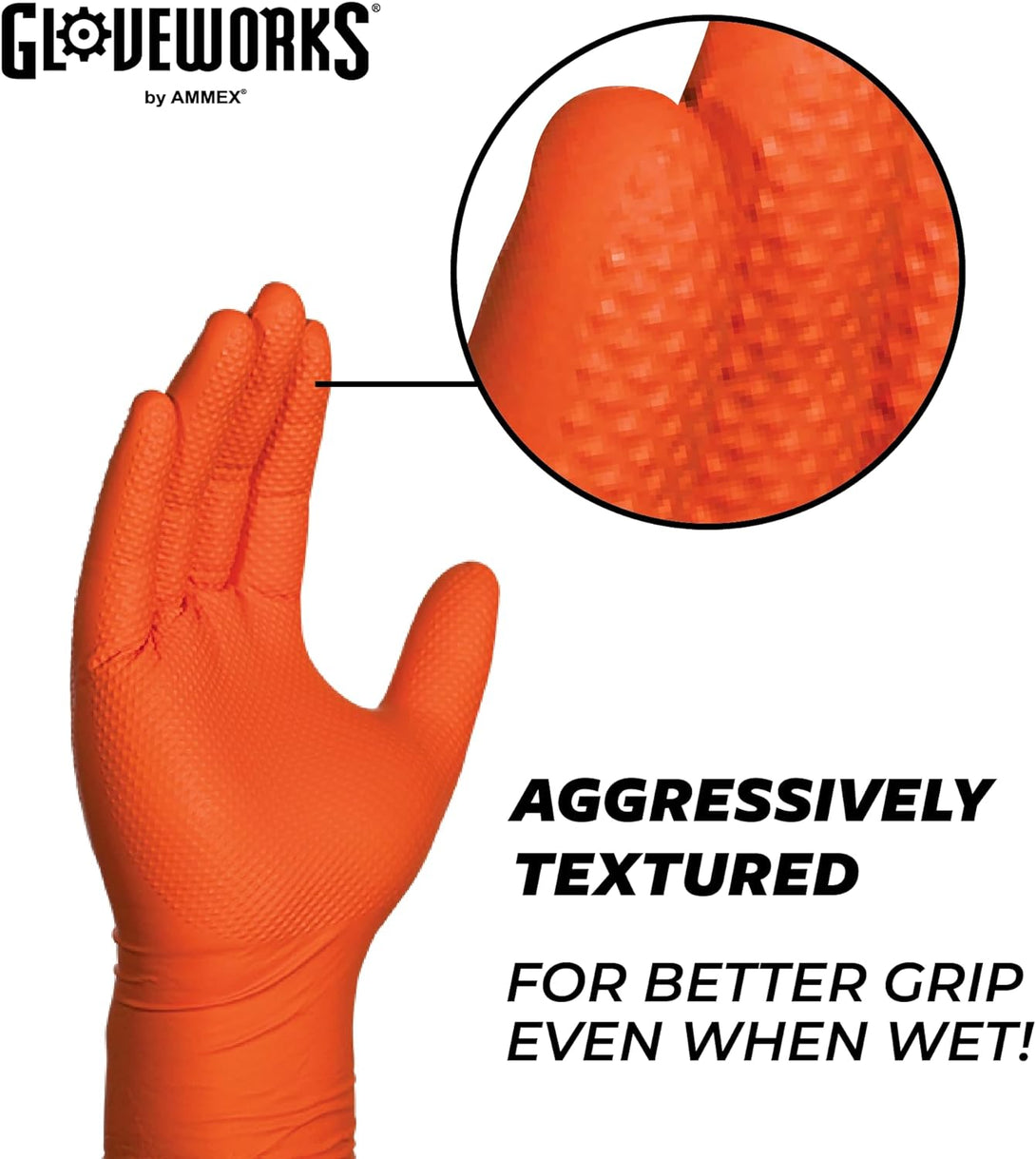 GLOVEWORKS HD Orange Nitrile Gloves, 8 Mil Nitrile Disposable Gloves with Raised Diamond Texture, Mechanic Gloves Disposable