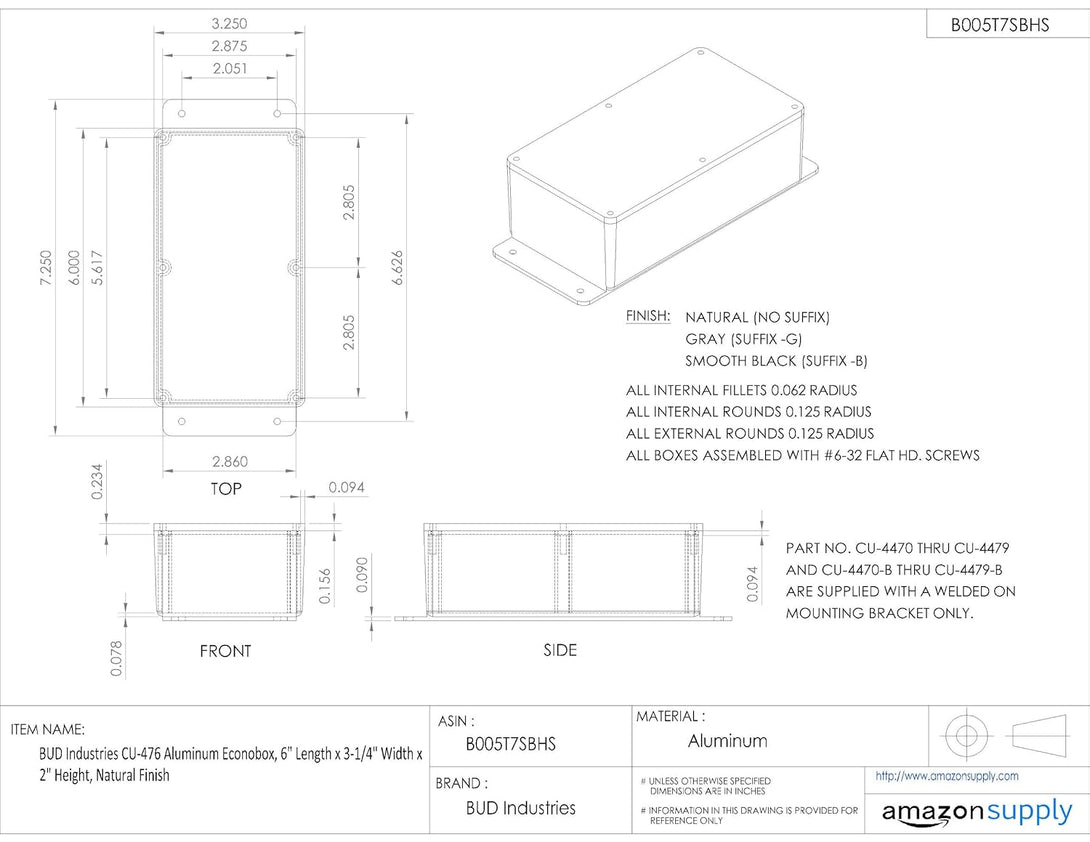 BUD Industries CU-476 Aluminum Econobox 6" L X 3.25" W X 2" H, Natural