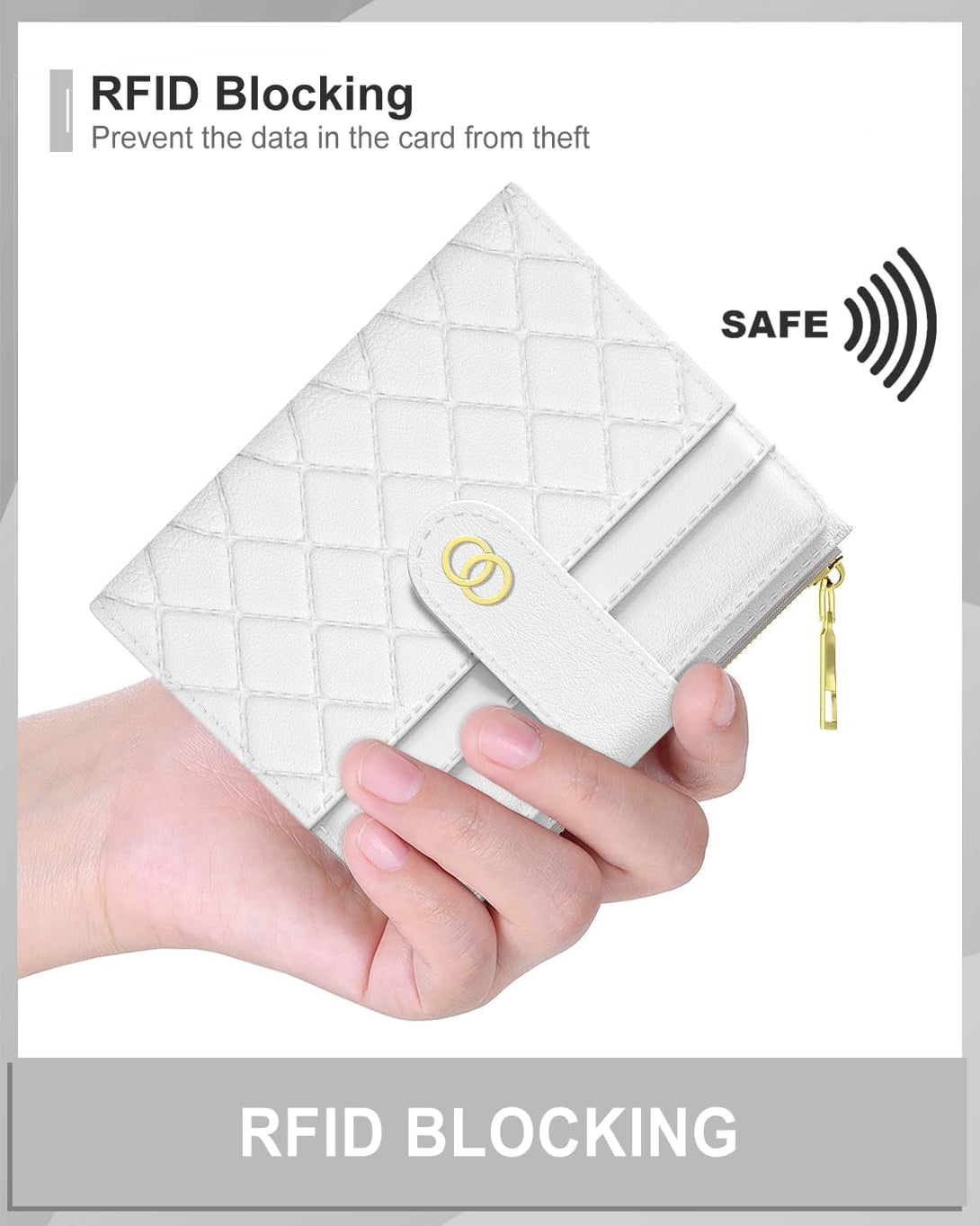Womens Wallet, RFID Small Slim Wallets for Women, Compact Credit Card Holder, Cute Leather Bifold Ladies Purse with Zipper Coin Pocket and ID Window, White