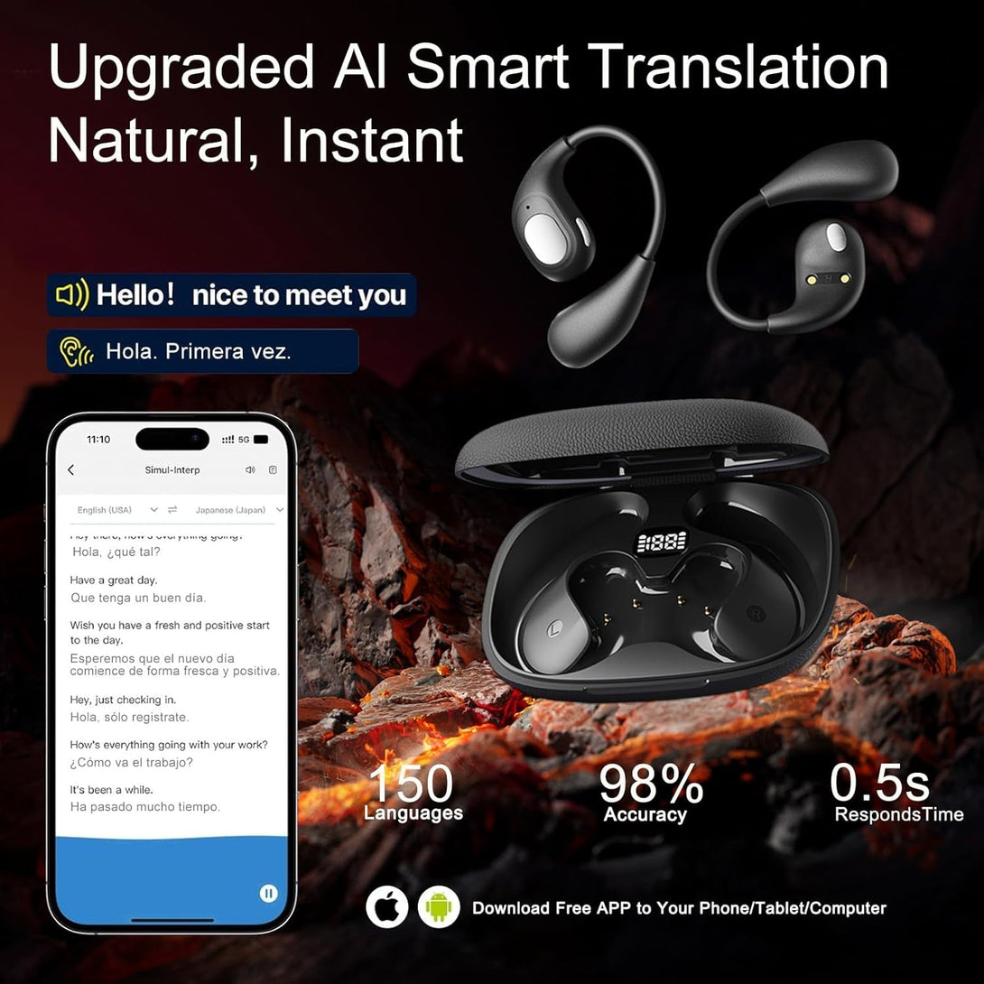AI Translation Earbuds Real Time,Ows 3-In-1 Open-Ear Translating Ear Buds,144 Language Translator Earbuds with Ios & Android for Business and Learning - Black