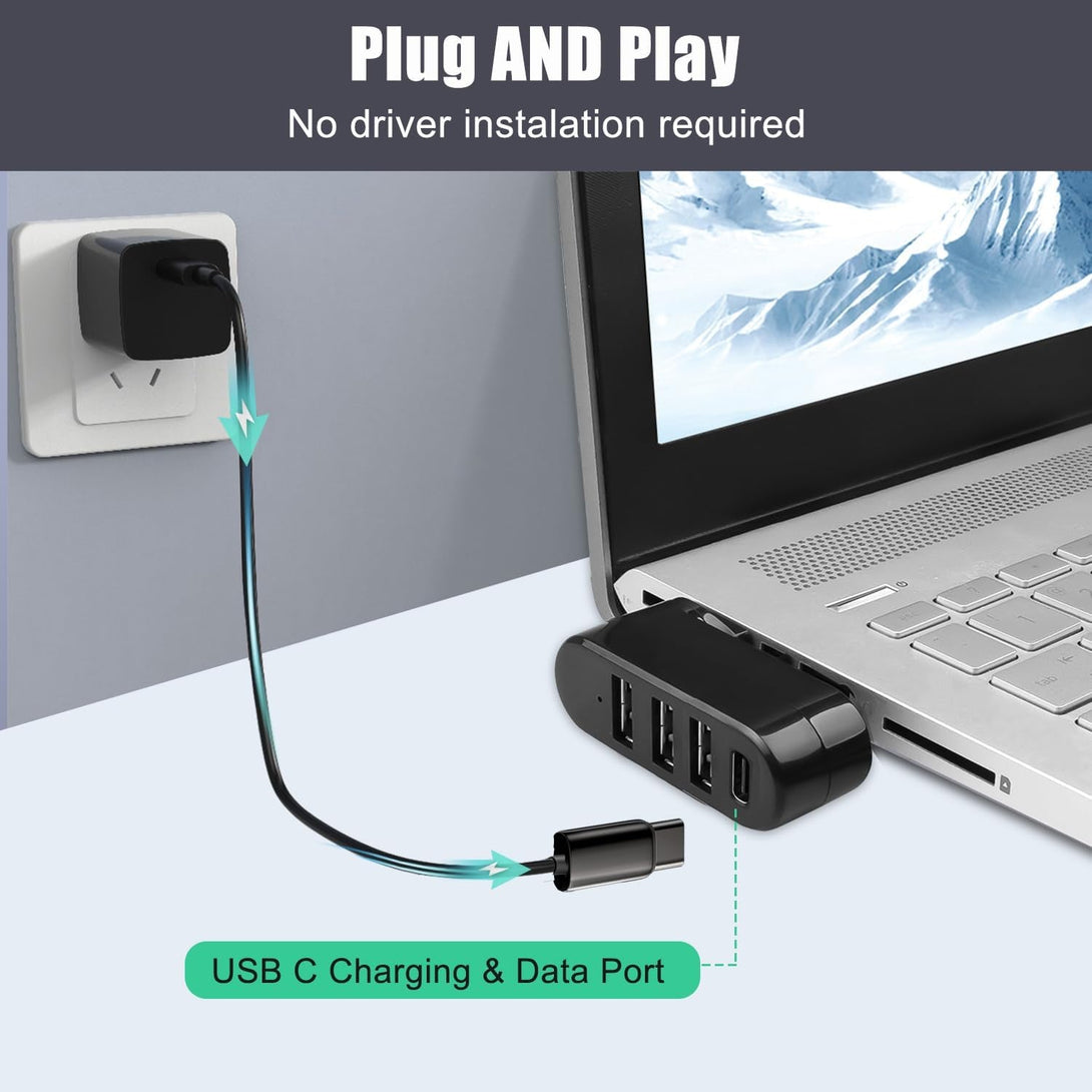 VIENON 4-Port USB 3.0 Hub [90°/180° Degree Rotatable], USB Splitter with 3 USB-A Ports & 1 USB C Power/Data Port, USB Extender for Laptop, Car, Imac, Macbook Air, Macbook Pro, and More
