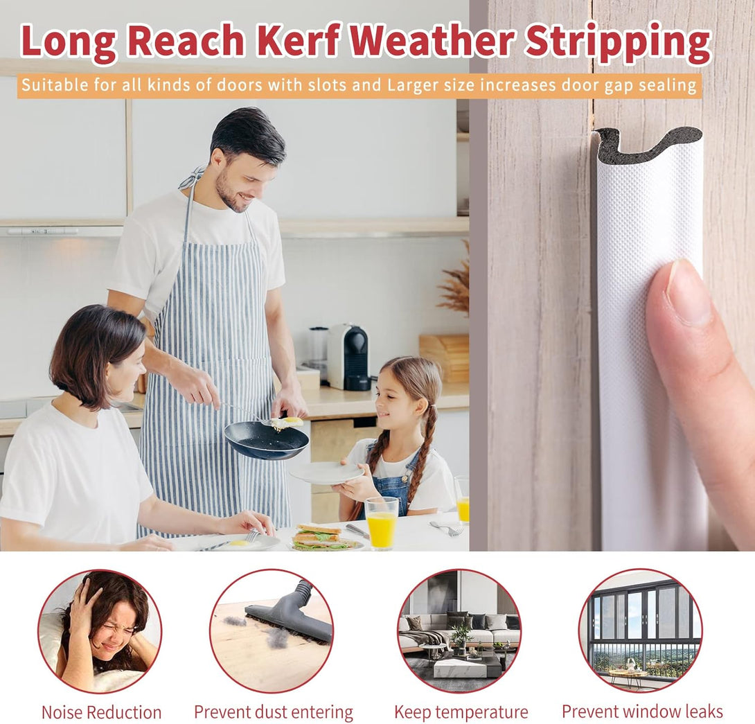 26 Feet Long Reach Door Weather Stripping Door Seal Strip, New Upgraded V-Shaped Replacement Kerf Weather Stripping for Door Frame Door Insulation, Easy Cut to Size(White)