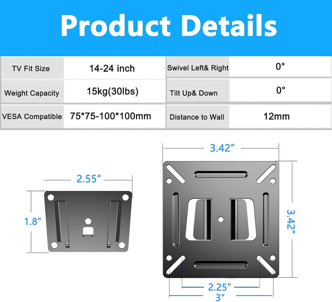 TETVIK Monitor Wall Mount Most 14-24“ Tvs Computer Universal Low Profile RV TV Wall Mount VESA up to 100X100Mm Max Weight 30Lbs Fits 15 19 20 22 23 Inch Camper Small Monitor Mount Bracket