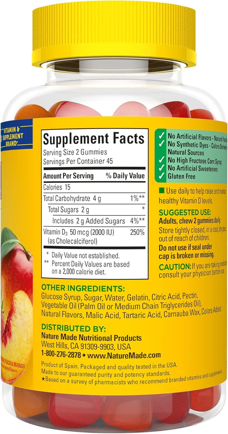 Nature Made Vitamin D3 2000 IU (50 Mcg) per Serving, Dietary Supplement for Bone, Teeth, Muscle and Immune Health Support, 90 Gummies, 45 Day Supply