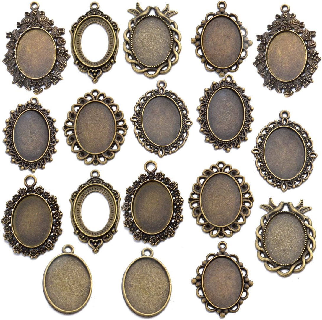 18 Pieces Bezel Pendant Trays, 25 X 18Mm Oval Pendant Trays Bezels Cabochon Settings Trays Pendant Blanks for Crafting DIY Jewelry Making - 9 Styles, Antique Bronze