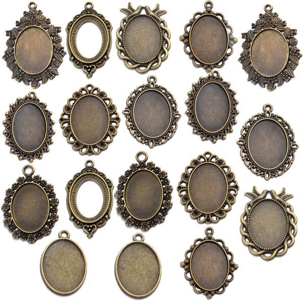 18 Pieces Bezel Pendant Trays, 25 X 18Mm Oval Pendant Trays Bezels Cabochon Settings Trays Pendant Blanks for Crafting DIY Jewelry Making - 9 Styles, Antique Bronze