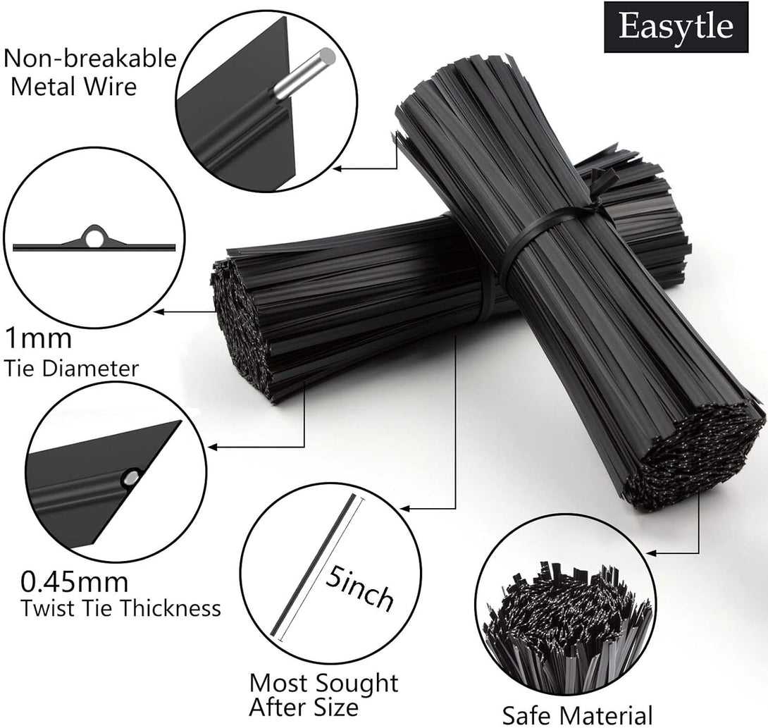 400 Pcs Twist Ties for Bags 5" Cable Ties Bag Twist Ties for Cord Twist Bread Ties Reusable Black Plastic Coated Ties Twist Ties Heavy Duty Bread Ties Wire Twist Ties for Household and Office Use