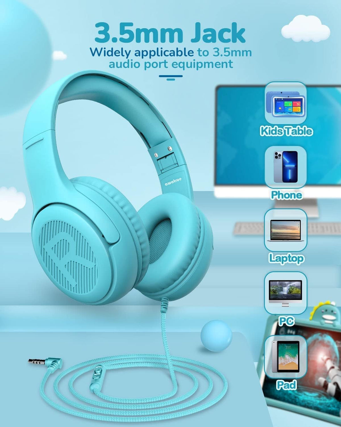 Toddler Kids Headphones Wired - Headphones for Kids Volume Limit 85/94Db Headset 3.5Mm Jack Adjustable Foldable Headsets for Girls Boys Children Teens Pad Smartphones School