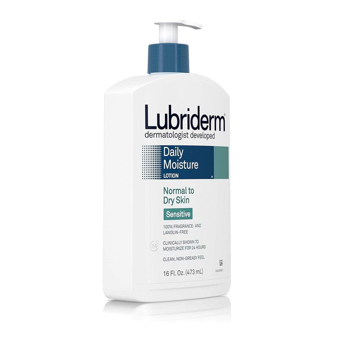 Lubriderm Daily Moisture Body Lotion for Sensitive, Dry Skin, Enriched with Vitamin B5, Dye and Lanolin Free, Unscented and Non-Greasy, 16 Fl. Oz
