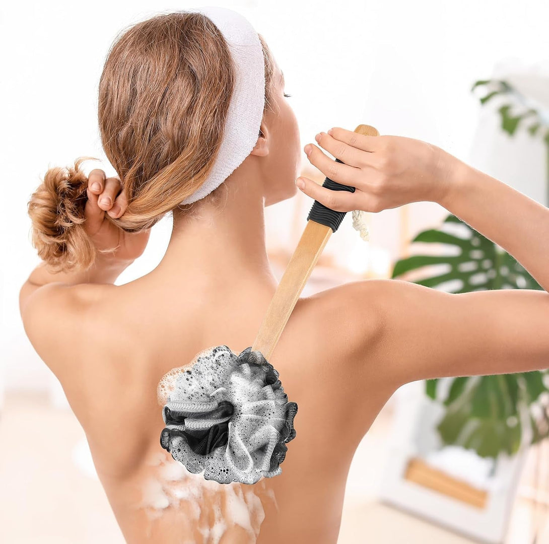 Black Loofah on a Stick PE Soft Mesh Luffa with Non-Slip Wooden Handle Made of Soft and Sturdy Rubber Material Back Scrubber for Shower for Women and Men with String for Easy Hanging