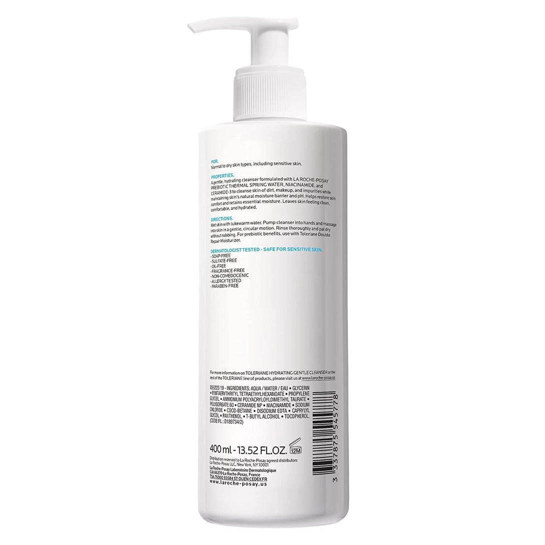 La Roche-Posay Toleriane Hydrating Gentle Face Cleanser, Hydrating Facial Cleanser with Niacinamide + Ceramides, Daily Face Wash for Dry Skin to Normal Skin, Sensitive Skin Tested, Fragrance Free