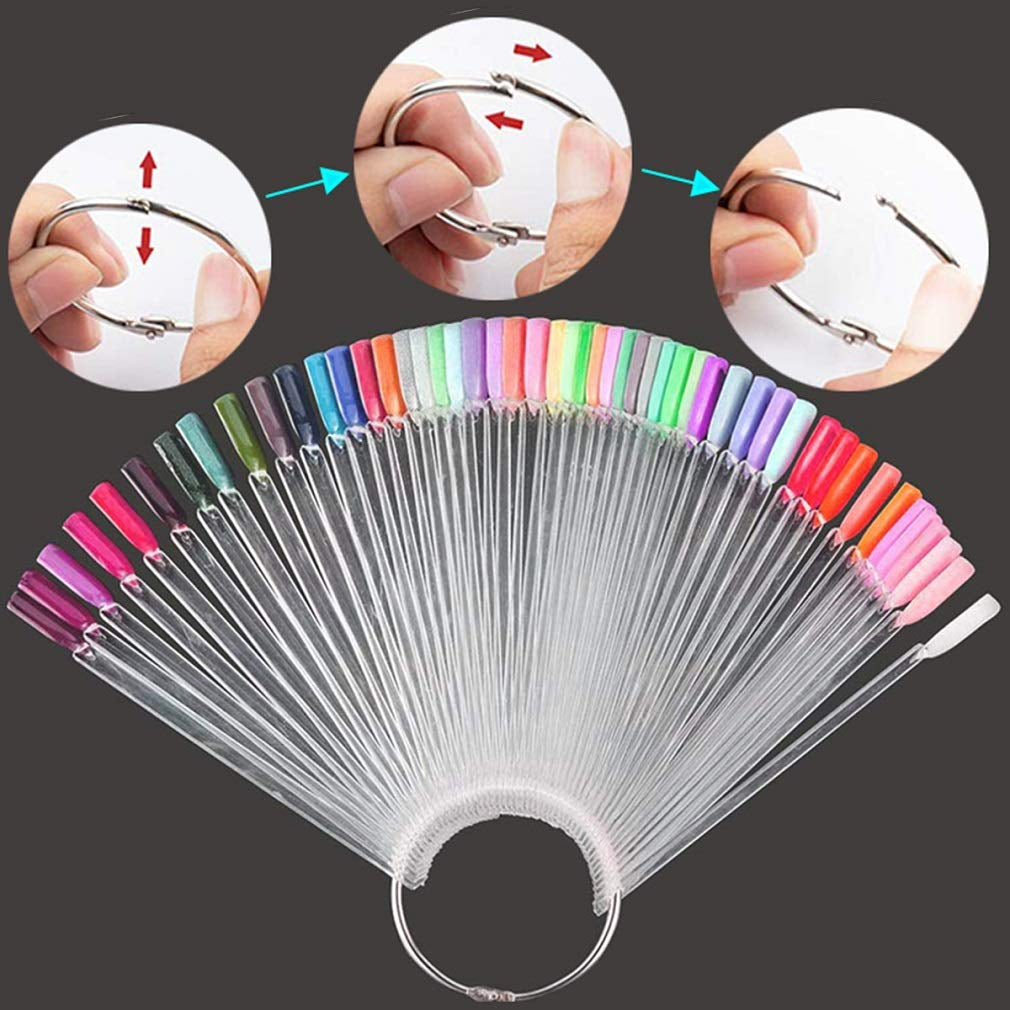 150 Pcs Clear Nail Swatch Sticks with Ring, Fan Shape Nail Art Tips, False Nail Sample Sticks, Nail Practice Color Display, Transparent Board for Nail