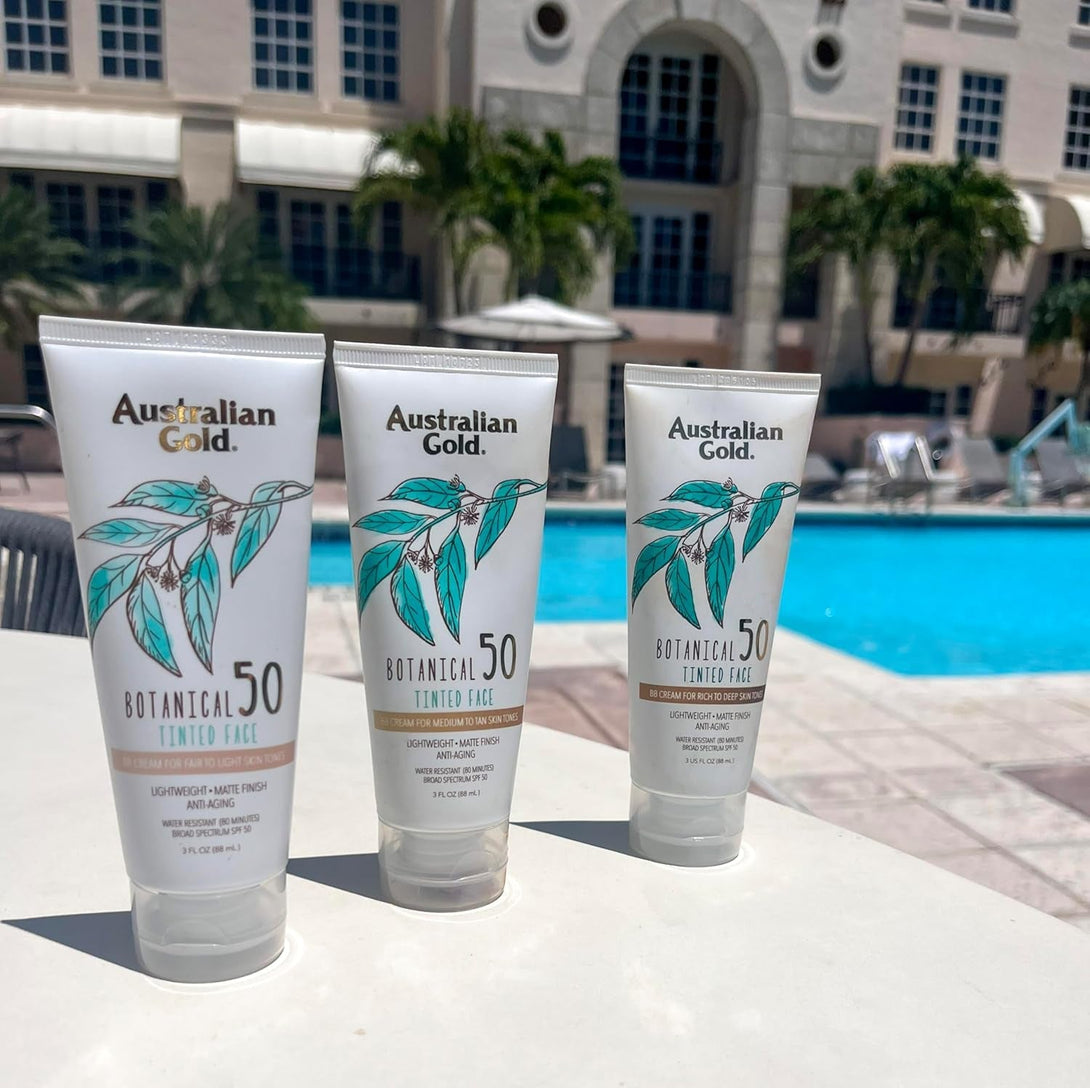 Australian Gold Botanical SPF 50 Tinted Mineral Sunscreen for Face, Non-Chemical BB Cream, Water-Resistant, Matte Finish, for Sensitive Facial Skin, Medium to Tan Skin Tones, 3 FL Oz
