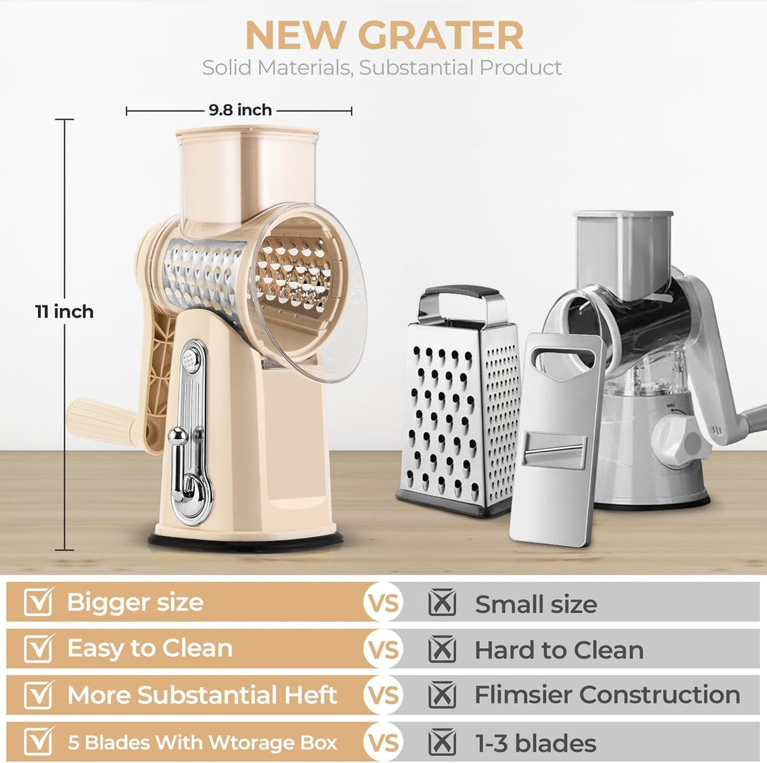SUSTEAS Rotary Cheese Grater with Handle - Vegetable Shredder with 5 Well-Designed Blades & Strong Suction Base,Round Mandoline Slicer & Food Chopper for Kitchen,With Blade Storage Box(Beige)