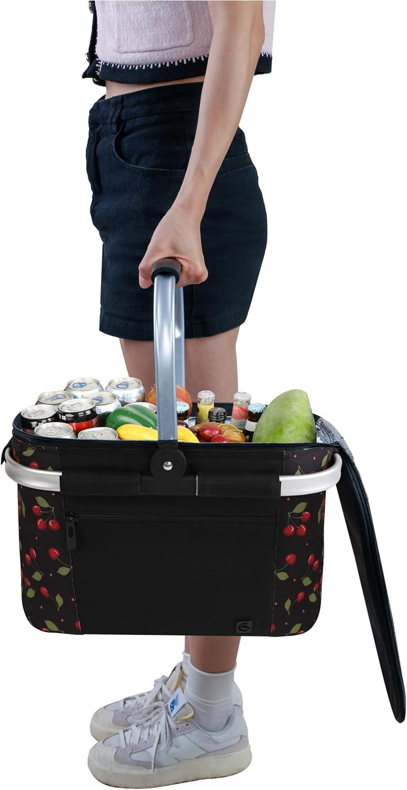 ALLCAMP Insulated Cooler Bag Portable Collapsible Picnic Basket Cooler with Sewn in Frame (Medium Cherry Pattern)
