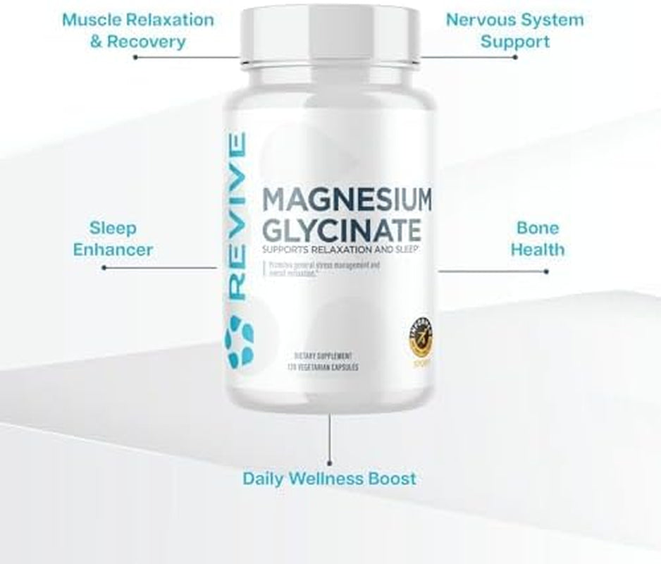 Revive MD Pure Magnesium Glycinate Capsules 200Mg High Absorption Supplement for Relaxation & Stress Relief - Organic Memory & Sleep Support Pills for Strong Bones, Normal Nerve & Muscle Function