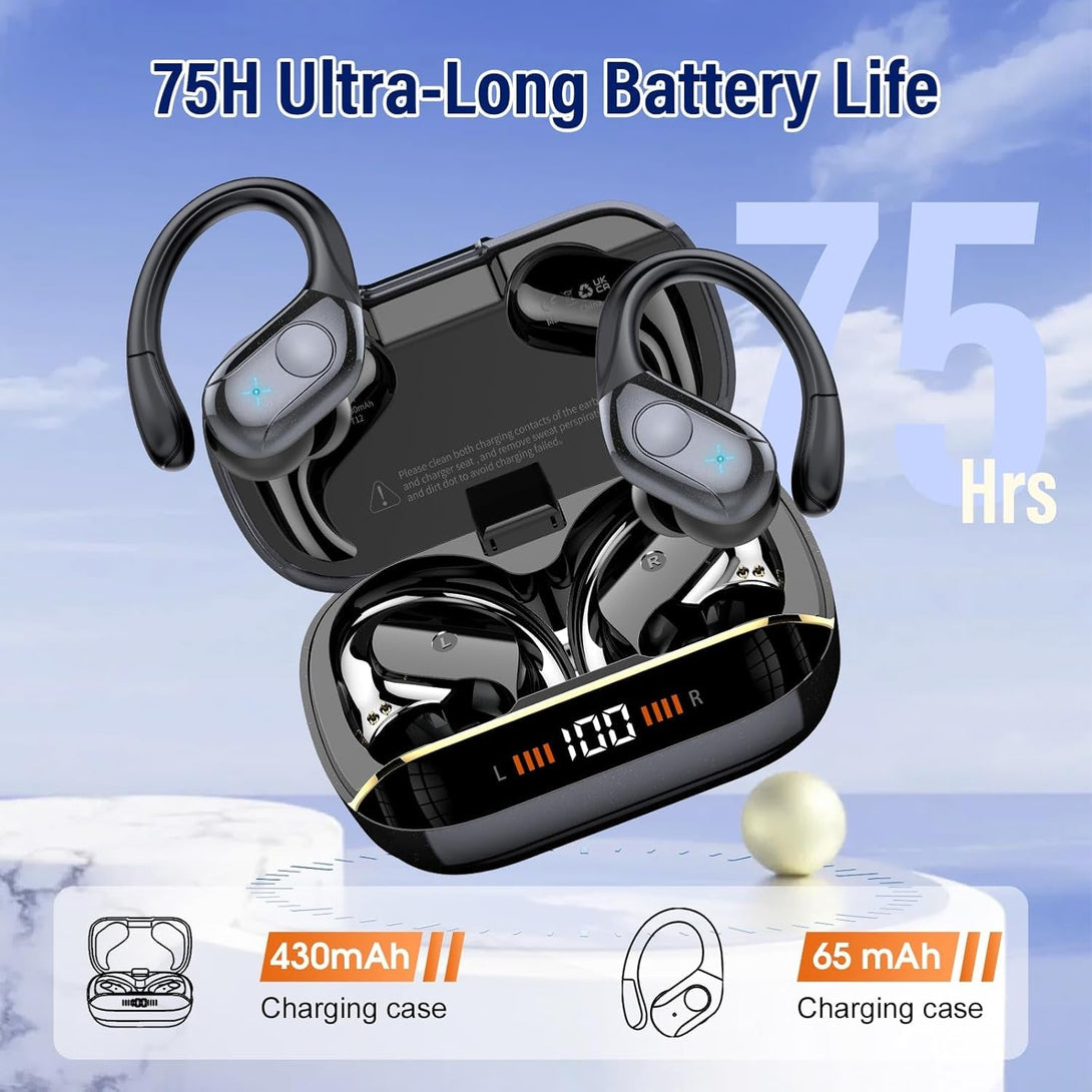 Wireless Earbuds Bluetooth 5.4 Headphones 75H Stereo Deep Bass Sports over Ear Buds with Earhooks, LED Display Bluetooth Earbuds with 4 ENC Mic, IP7 Waterproof Earphone for Running, Black