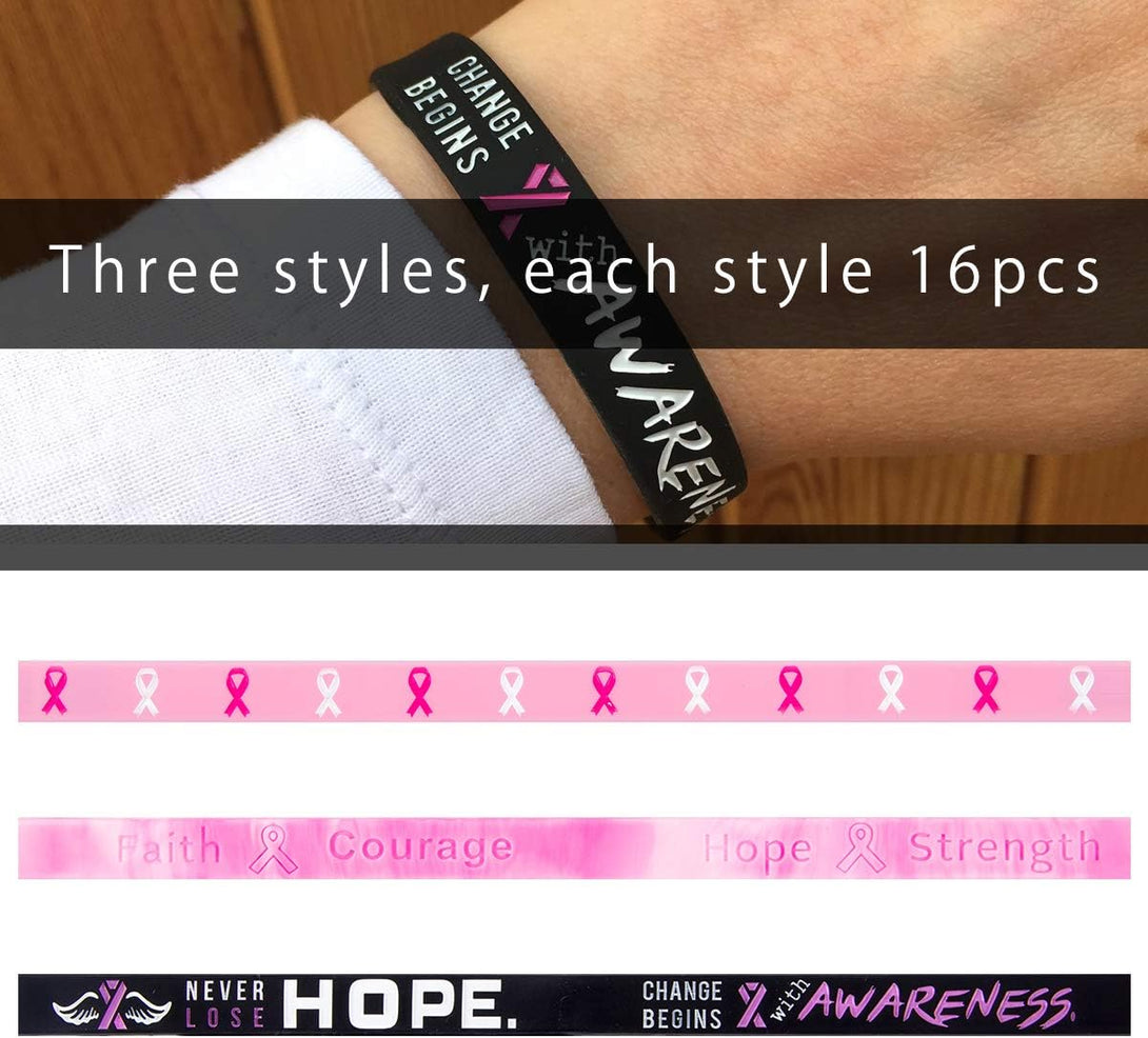 48 Pcs Breast Cancer Bracelets- Pink Ribbon Breast Cancer Awareness Silicone Wristbands Hope Faith Strength Courage Wristbands for Party Supplies Favors