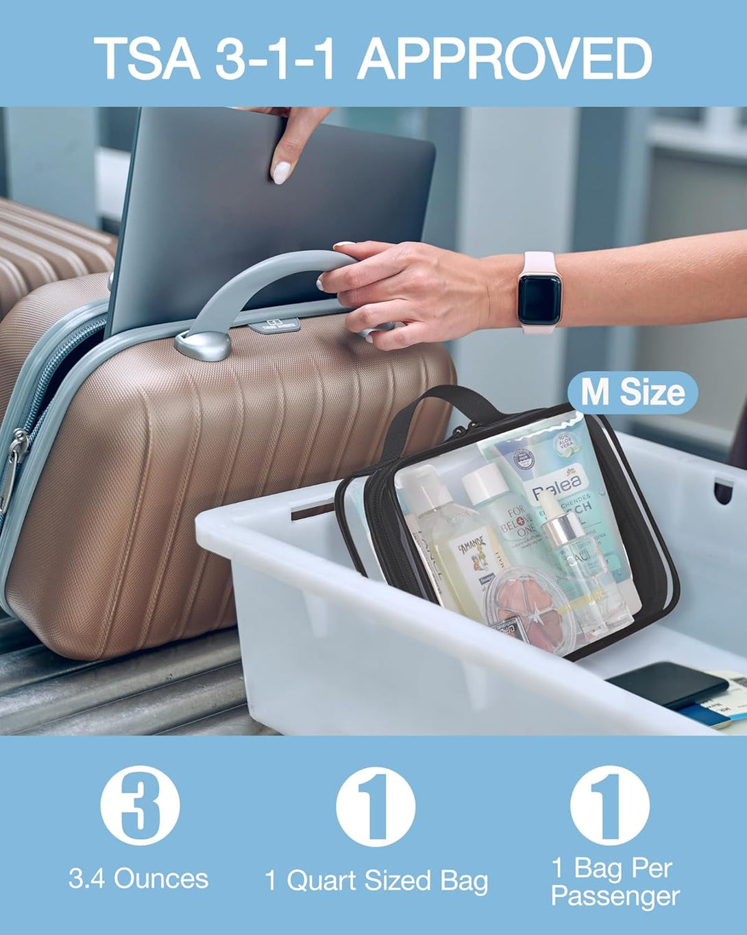 BAGSMART TSA Approved Clear Toiletry Bag, 2 Packs Quart Size Water Resistant Makeup Cosmetic Bags for Women, Airport Airline Travel Essential Carry on Organizer with Handle Large Opening, Black