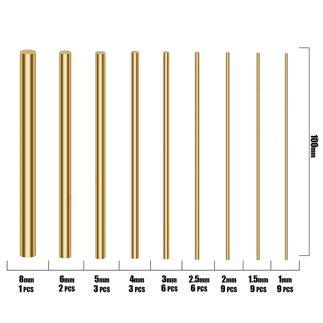 48 Pieces Brass round Rods Kit, 1Mm-8Mm in Diameter, 100Mm in Length, Sutemribor Brass Solid round Rod Lathe Bar Stock for DIY Craft Making, Knife Making Pins, Handle Pins