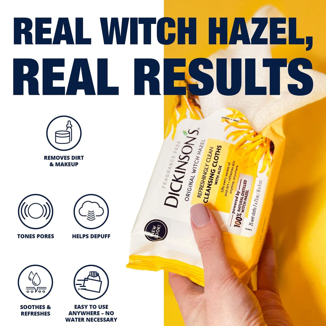 Dickinson'S Original Witch Hazel Refreshingly Clean Cleansing Cloths with Aloe, 4 Pack, 25 Cloths per Pack