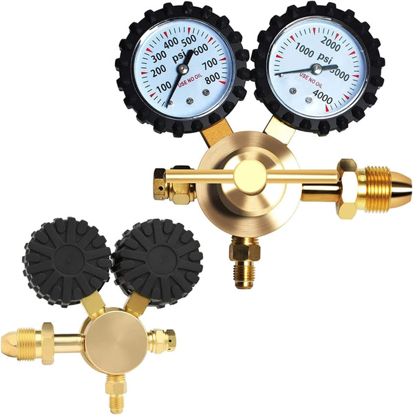 Nitrogen Helium Regulator 0-800PSI Delivery Pressure CGA580 Inlet，1/4 in Male Flare Outlet Connection, Full Brass Body with Heavy Duty Handle for HVAC Purge