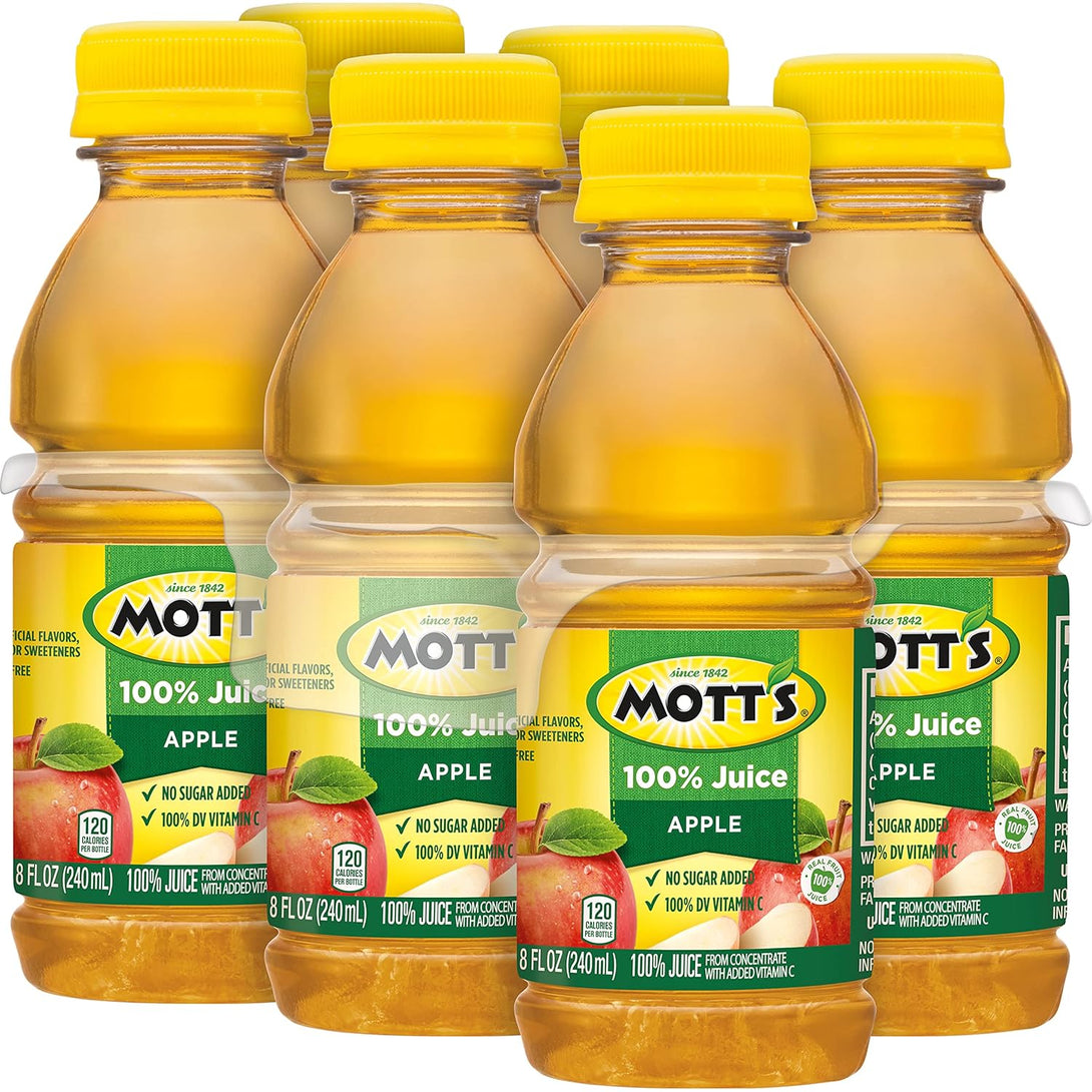 Mott'S 100% Original Apple Juice, 8 Fl Oz Bottles, 24 Count (4 Packs of 6), 2 Servings of Fruit, 100% Fruit Juice, Gluten-Free, Caffeine-Free, Kosher, Contains No Artificial Colors or Sweeteners