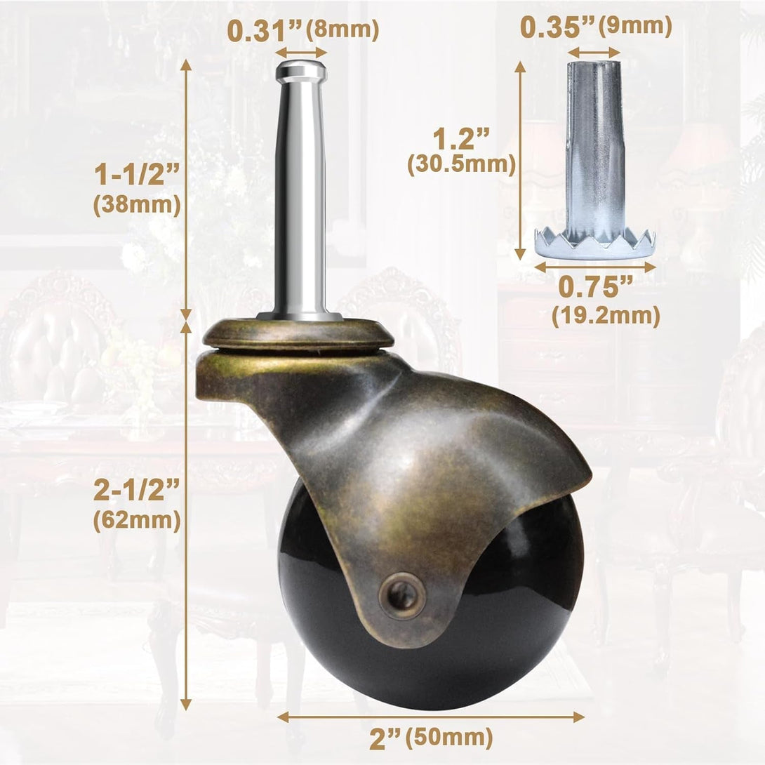 AAGUT 2" Ball Casters Stem Caster Wheels Set of 4 with 5/16" X 1-1/2" (8 X 38Mm) with Metal Sockets Replacement Vintage Antique Swivel Wheel for Sofa, Chair, Cabinet