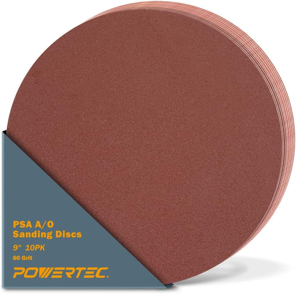 POWERTEC 110340 9-Inch PSA 60 Grit Aluminum Oxide Adhesive Sanding Disc, 10-Pack