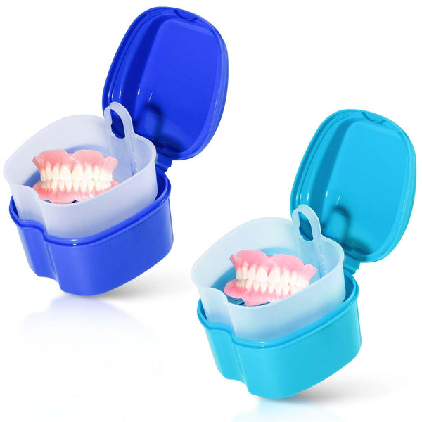 2 Pack Colors Denture Bath Case Cup Box Holder Storage Soak Container with Strainer Basket for Travel Cleaning (Light Blue and Blue)