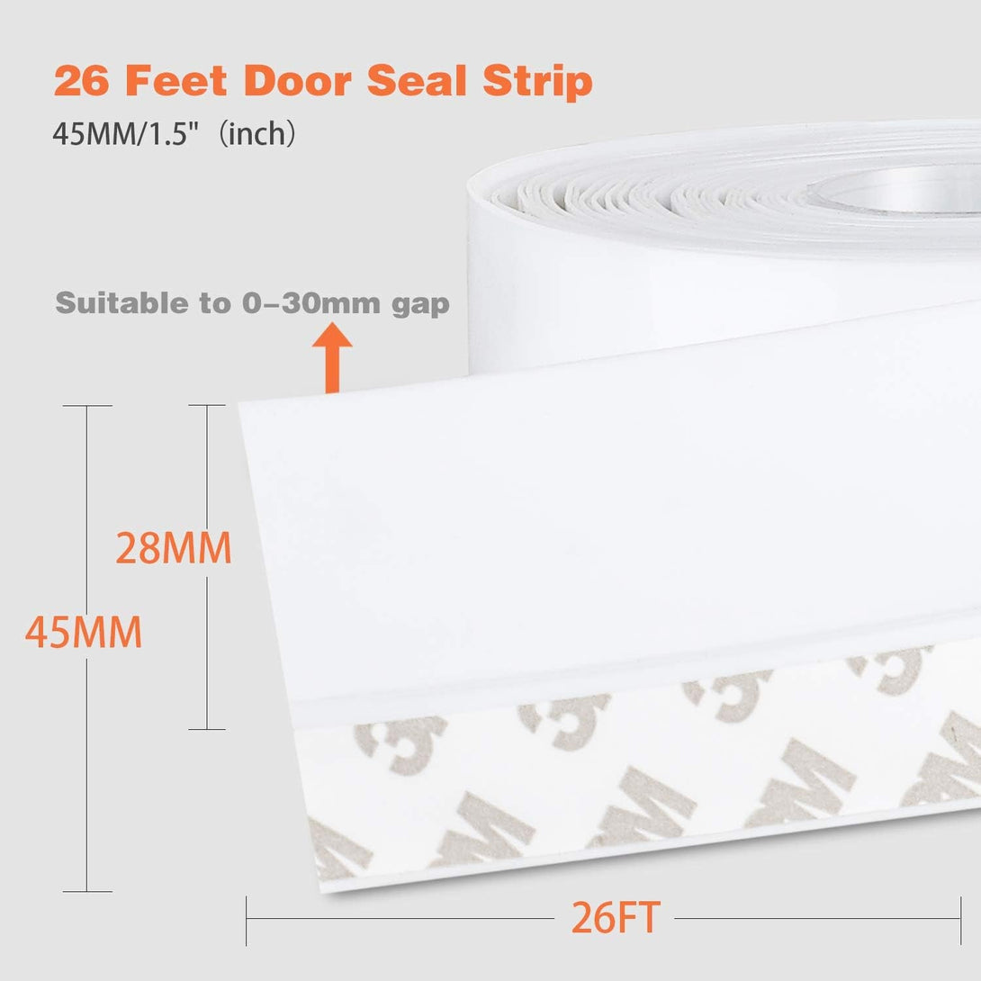 26 Feet Silicone Seal Strip,Door Weather Stripping Door Seal Strip Window Seal Silicone Sealing Tape for Door Draft Stopper Adhesive Tape for Doors Windows and Shower Glass Gaps (White, 45MM)