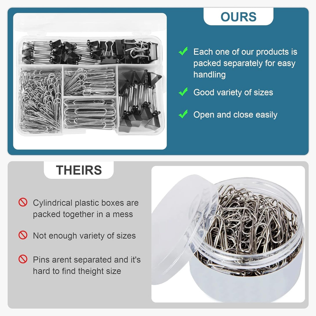 Assorted Size Binder Clips & Jumbo Paper Clips Set - 340Pcs Black, Large for Office & School Supplies, in Container with Compartments