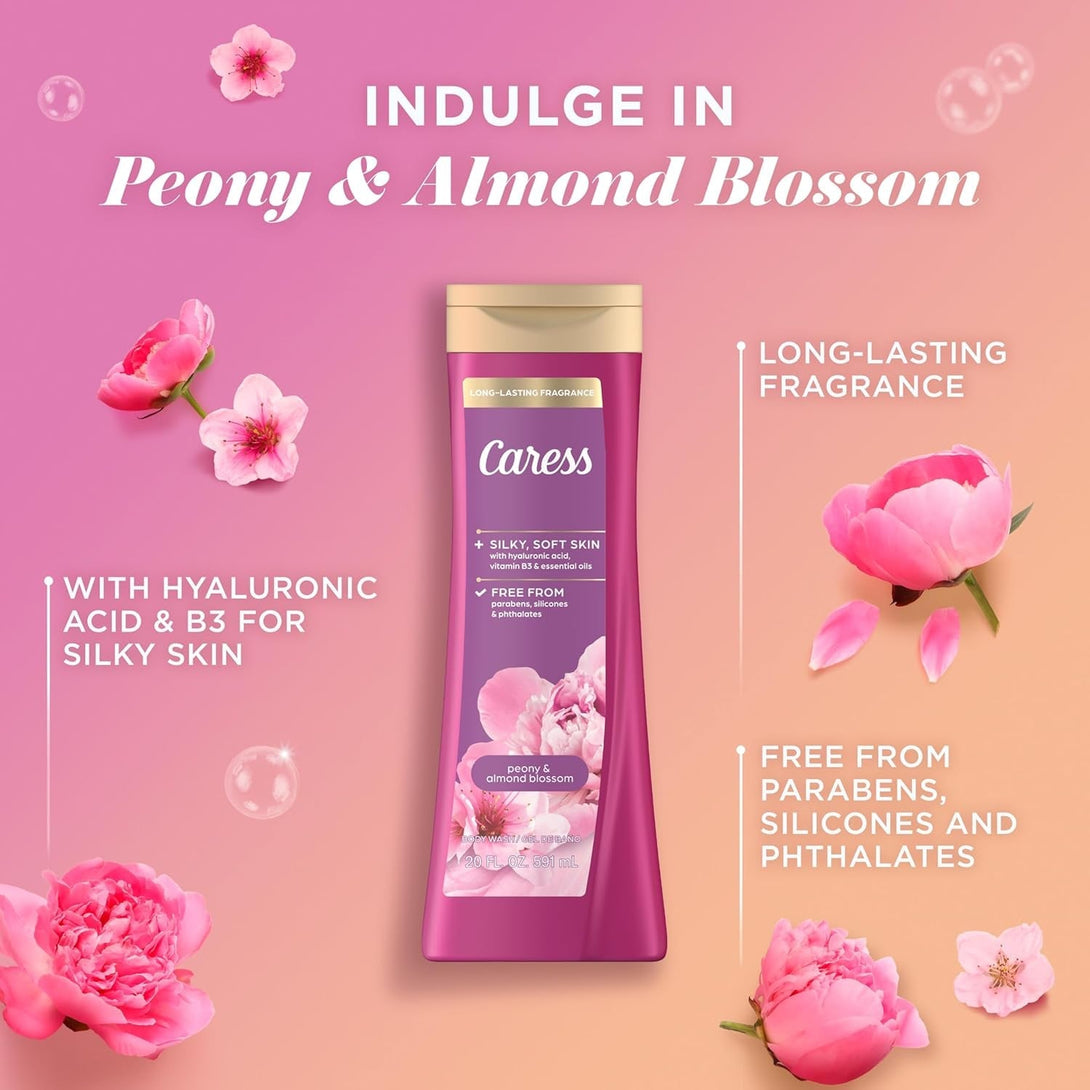Caress Body Wash for Women, Peony & Almond Blossom, Shower Gel Moisturizing Body Wash for Fresh, Smooth Skin to Soothe and Unwind, 20 Fl Oz, (Pack of 4)