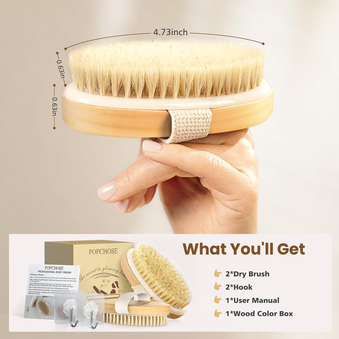 POPCHOSE Dry Brushing Body Brush, Natural Bristle Dry Skin Exfoliating Brush Body Scrub for Flawless Skin, Cellulite Treatment, Lymphatic Drainage and Blood Circulation Improvement