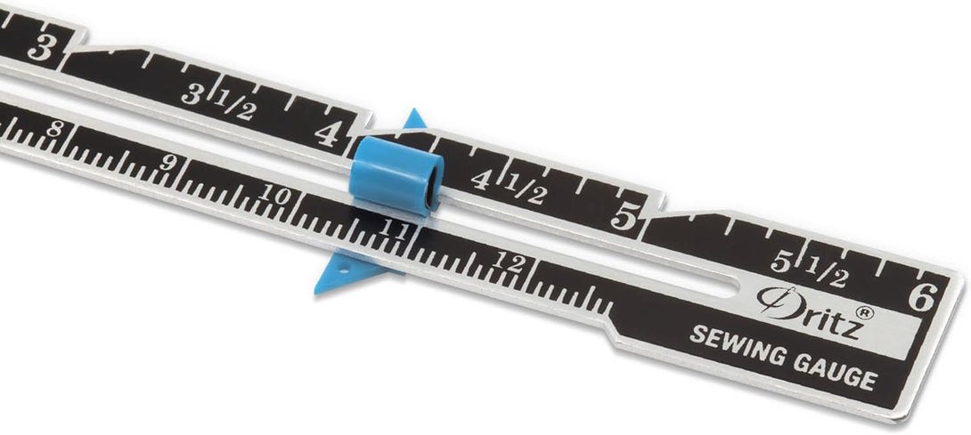 Dritz 6" Sliding Marker Sewing Gauge, Nickel with Black Printing and Blue Slider