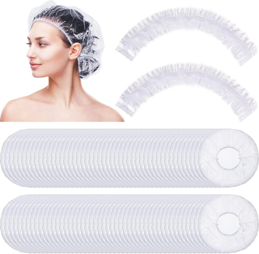 Retisee 140 Pcs Disposable Shower Caps Bulk 18.2 Plastic Clear Hair Caps Elastic Large Thick Waterproof Bath Covers for Women Hair Care Cleaning Supplies Spa Hotel Salon Home Travel Accessories