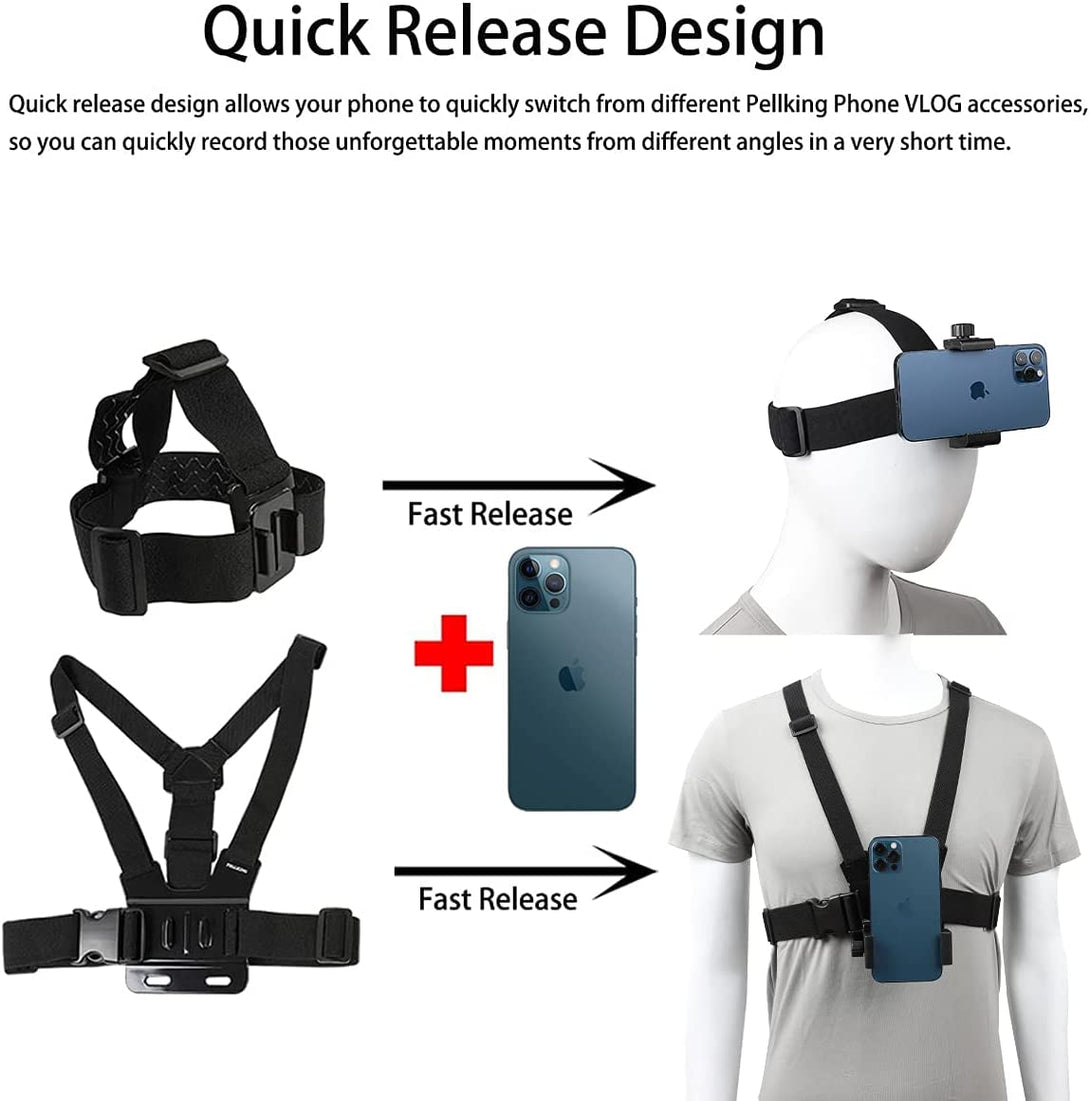 Pellking Mobile Phone Chest Strap Harness Mount Head Strap Holder Kit for Pov/Vlog,Cell Phone Clip Compatible with Iphone,Samsung,Gopro Hero 9, 8,7, 6, 5, 4, 3,2, 1,AKASO,DJI Osmo,And Action Cameras…