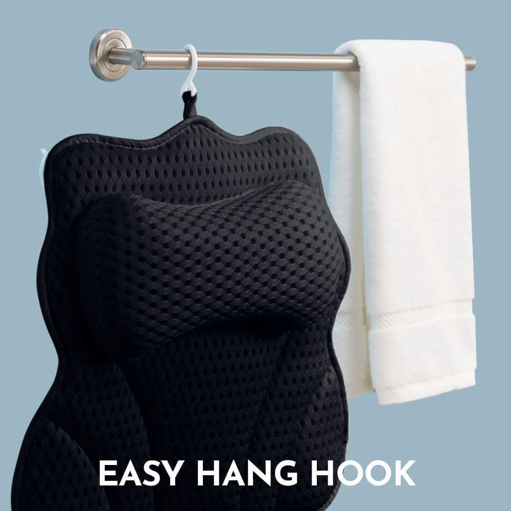 Wonderfoam Thick Padded Ergonomic Bath Pillow for Tub, Bathtub Headrest Neck and Back Support, Strong Suction Cups, Machine Washable Breathable Mesh Quick Dry Pillows, Luxury Spa Accessories, Black