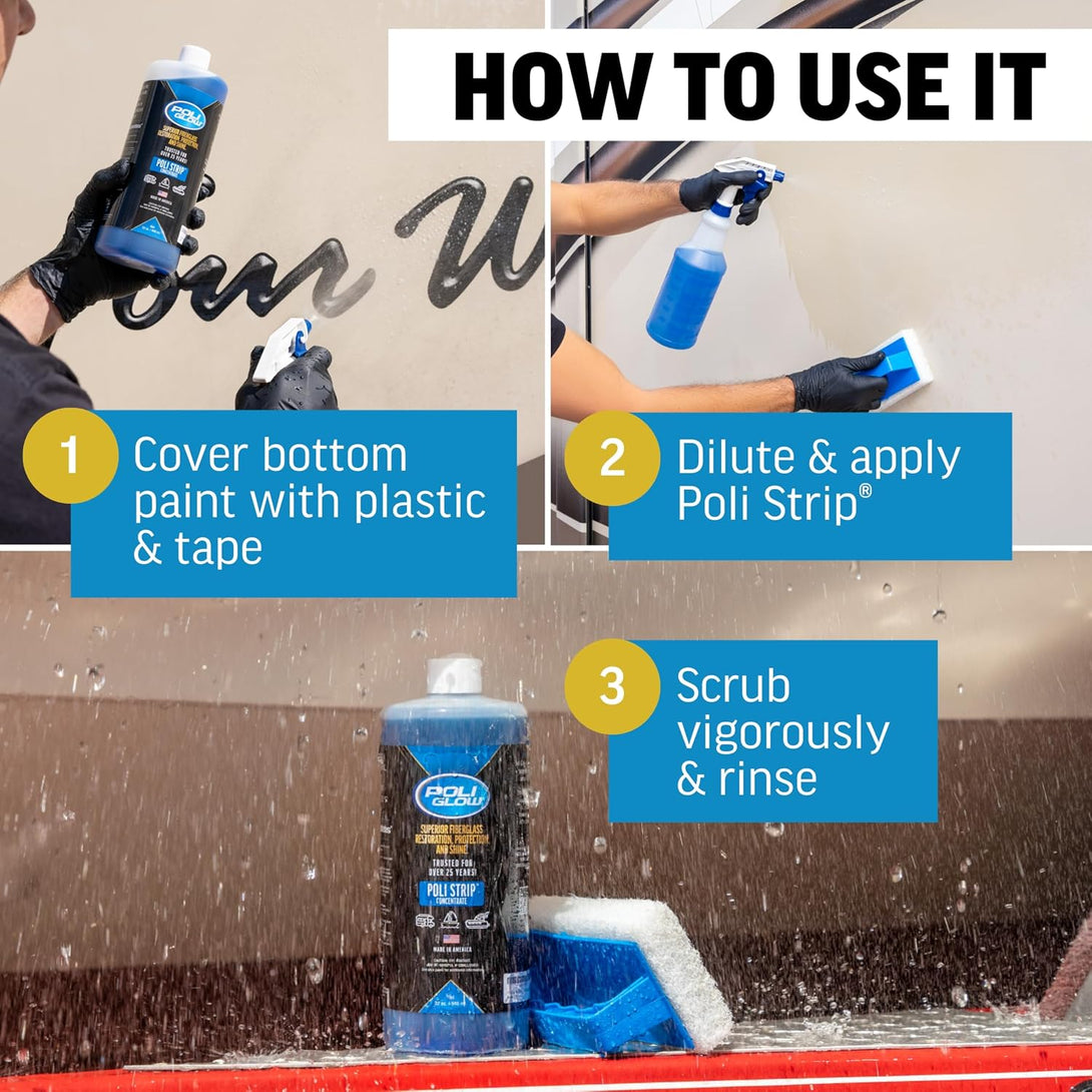 Poli Glow Poli Strip Concentrated Marine Stripper & Degreaser - Removes, Oxidation, Stains, Dirt, Tar, Grime, Old Wax, Spray-On Ceramics - Safe for Boats & Rvs Fiberglass Cleaner - 32 Oz